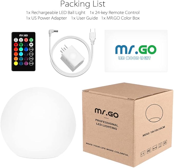 Mr.Go 6-inch RGB Color-Changing LED Globe Orb Light w/Remote, Mood Lamp Kids Night Light, 16 Dimmable Colors & 4 Modes, Battery & AC Adapter Power, Home Bedroom Patio Pool Decorative Lighting