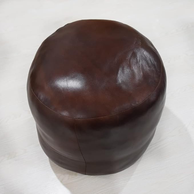 Round Shaped Goat Leather Handmade Eco-Friendly Brown Pouf - 18" x 18" x 18", Plain Solid, Recycled Cotton Filled Stuffed Leather Seating PF12