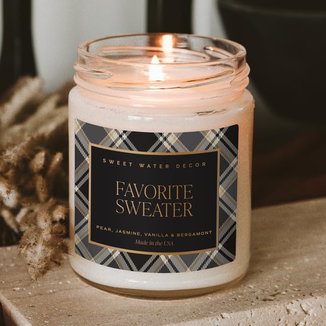 Sweet Water Decor Favorite Sweater Candle, Autumn Notes of Coconut, Jasmine, & Cashmere, 40+ Hour Burn Time, Non-Toxic Soy Wax Blend, Poured in The USA, Cotton Wick, 9oz Glass Jar with Gold Lid