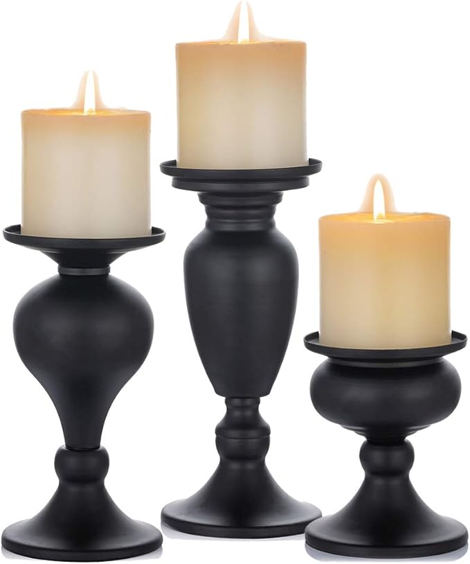 Sziqiqi Pillar Candle Holders Set of 3 Black for Table Mantle Fireplace Decor Modern Farmhouse Home Decor