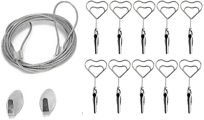 Multi-Purpose Steel Wall Hanging Photo Display Cable Wire Rod with 12 Adjustable Clips for Hanging Photos Notes Postcard and Artworks (Heart)