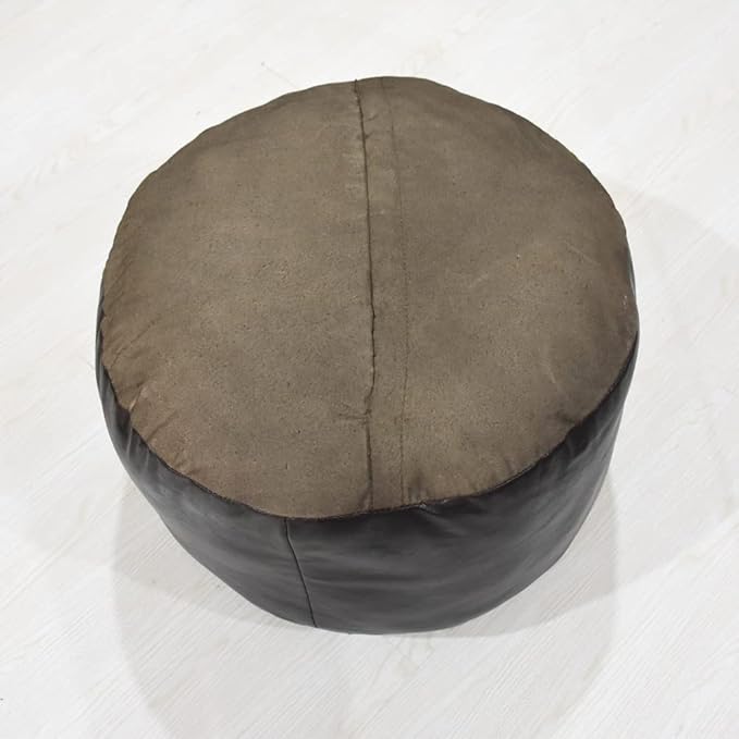 PF12 Round Shaped Goat Leather Handmade Eco-Friendly Chocolate Brown Pouf - 21" x 21" x 12", Plain Solid, Recycled Cotton Filled
