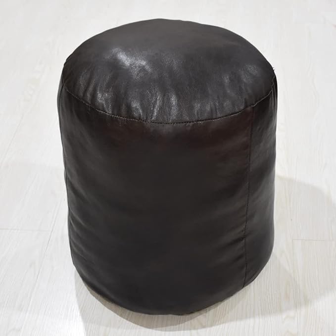 Round Shaped Goat Leather Handmade Eco-Friendly Chocolate Brown Pouf - 18" x 18" x 18", Plain Solid, Recycled Cotton Filled Stuffed, PF12