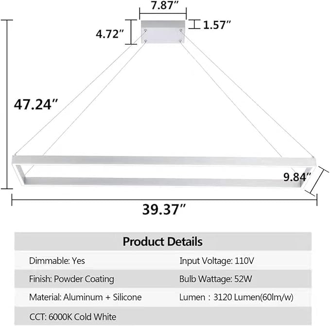 Modern Led Chandelier Linear Rectangle Chandelier Modern Led Pendant Light Kitchen Island Lighting Fixture 6000K Dimmable 39.4” Contemporary Hanging Light for Dining Room Living Room Silver