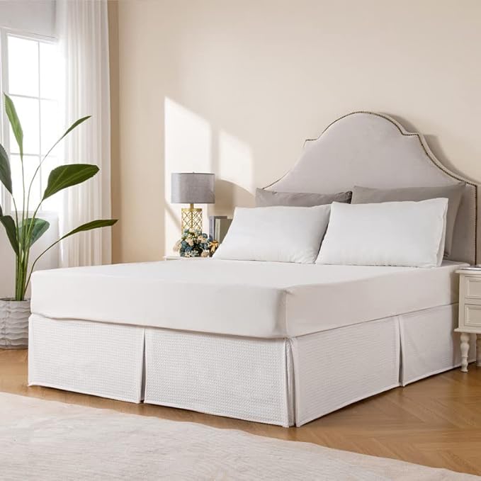 MIYE Pleated Waffle Weave Bed Skirt, Tailored Dust Ruffle 22 Inch Drop Easy Fit, Machine Washable (White,Cal King - 22" Drop)