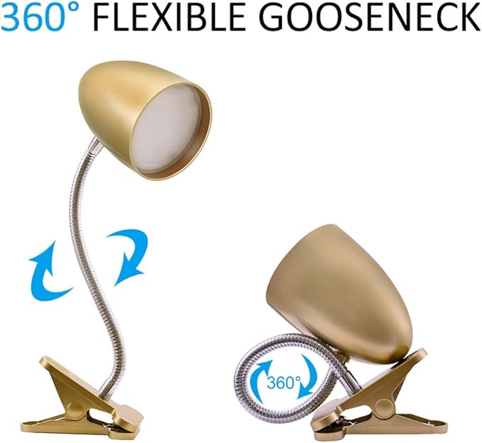 Energetic Clip on Lamp for Bed, Non-Dimmable Reading Light for Bed and Desk, 4000K Cool White, 3.5W 240 LM Flexible Gooseneck lamp, Eye Protection, ETL Listed, Gold