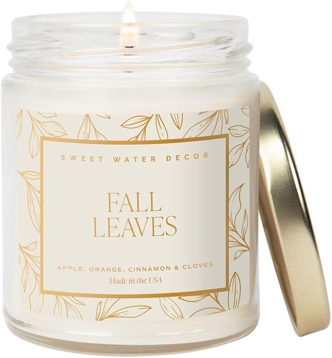 Sweet Water Decor Fall Leaves Candle, Autumn Scented Notes of Apple, Cinnamon, & Nectar, 40+ Hour Burn Time, Non-Toxic Soy Wax Blend, Poured in The USA, Cotton Wick, 9oz Glass Jar with Gold Lid