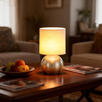 Set of 2 Small Gold Spherical Base Bedside Table Lamp with Textured Linen Shade (Bulb Included)