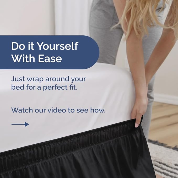 Wrap Around Dust Ruffle Bed Skirt - Black - for Full Size Beds with 12 Inch Drop - Easy Fit Elastic Strap - Adjustable Pleated Bedskirt w/Brushed Fabric - Wrinkle Free - for Women, Men, Kids & Teens