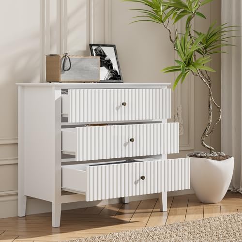 Large White 3 Drawer Dresser, Painted 30 Inch Tall Wood Nightstand with Storage, Wide Modern Chest of Drawers with Ball Bearing Slide for Bedroom Hallway Living Room Entryway Office