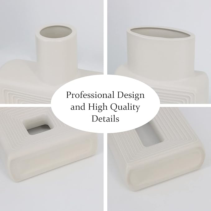 White Ceramic Vase Set of 2，Square Vase Rustic Home Decor Minimalist Nordic Boho Style for Living Room, Shelf, Table, Bookshelf, Mantel and Entryway Decor Vases