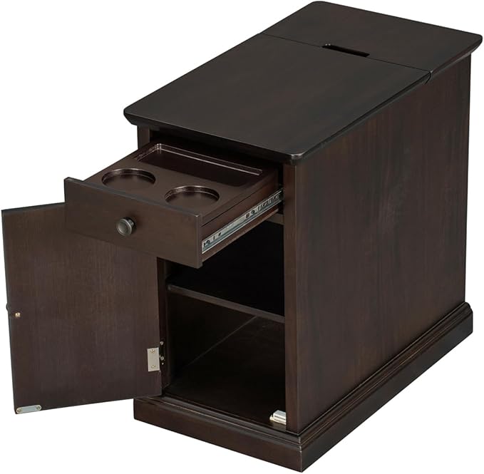 Traditional Wood Narrow End Table with Charging Station, Modern Vintage Sofa Side Table Storage & Multifunctional Drawer, Antique Espresso Set of 2 for Living Room, Bedroom, Office, No Assembly