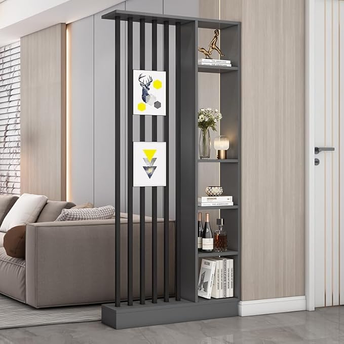 Wall Room Divider, Storage Cabinet Storage Display with Shelves, Modern Freestanding Wood Room Divider Screen, Wall Privacy Screens for Home Decorative (Grey,35.4" L x 9.5" W x 79.5" H)