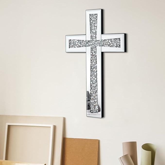 Aeveco Silver Mirrored Wall Cross 15×10 inch, Crystal Crush Diamond Cross for Wall, Living Room, Bedroom, Home Decor