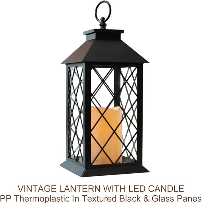 Bright Zeal 13.5" Black Vintage Candle Lantern with LED Pillar Candle and Timer - IP44 Waterproof Porch Light - Tabletop Lantern Decorative Outdoor
