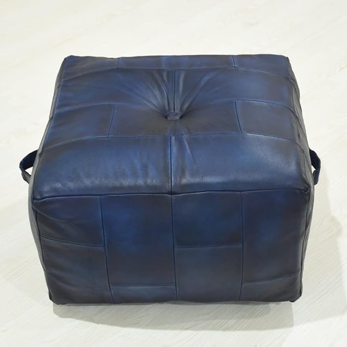 Square Shaped Buffalo Leather Handmade Eco-Friendly Vintage Blue Pouf-Square Pouf, 21"x21"x12", Geometric Pouf, Buffalo Leather Pouf, Recycled Foam with Fibre Fill Stuffed Pouf, Seating Pouf PF25