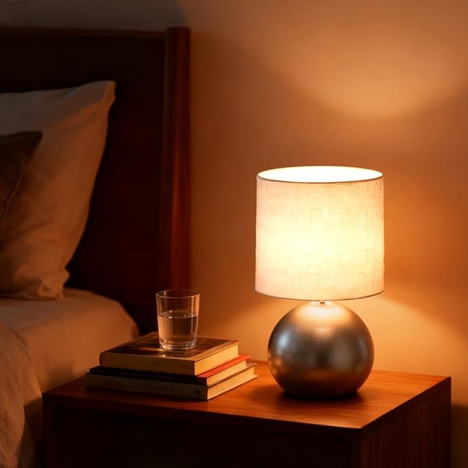 Set of 2 Small Silver Spherical Base Bedside Table Lamp with Textured Linen Shade (Bulb Included)