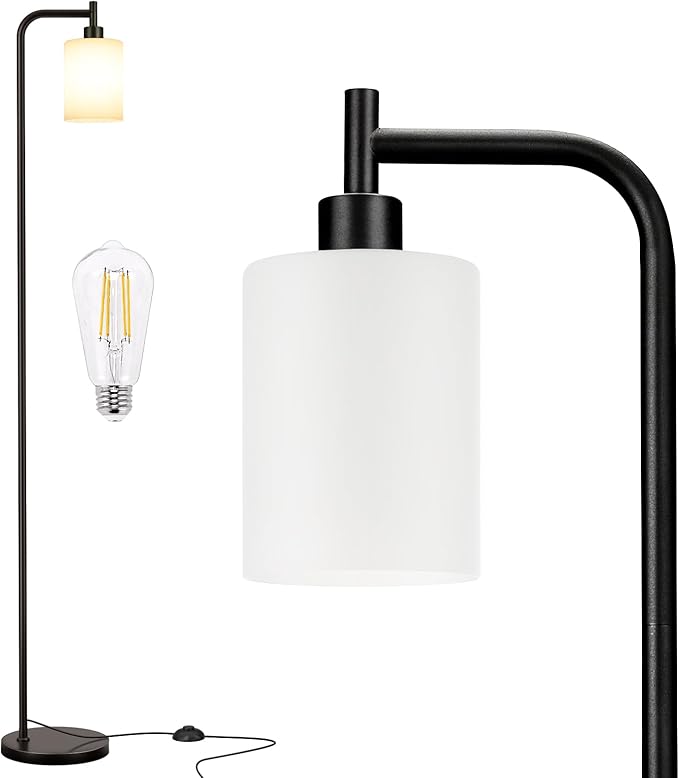 Floor Lamps for Living Room - Standing Lamp with Frosted White Glass Shade, Modern Industrial Floor Lamp with LED Bulbs, Black Tall Lamp for Bedroom Office(Light Bulb Included)