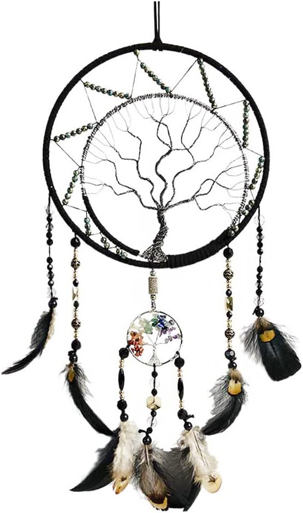 Pretty Jolly 7 Chakras Tree of Life Dream Catcher Wall Decor with Rainbow Healing Crystal Stone Handmade Black Feather DreamCatchers Wall Hanging Ornaments for Bedroom Home Decor Bless Gift Wedding