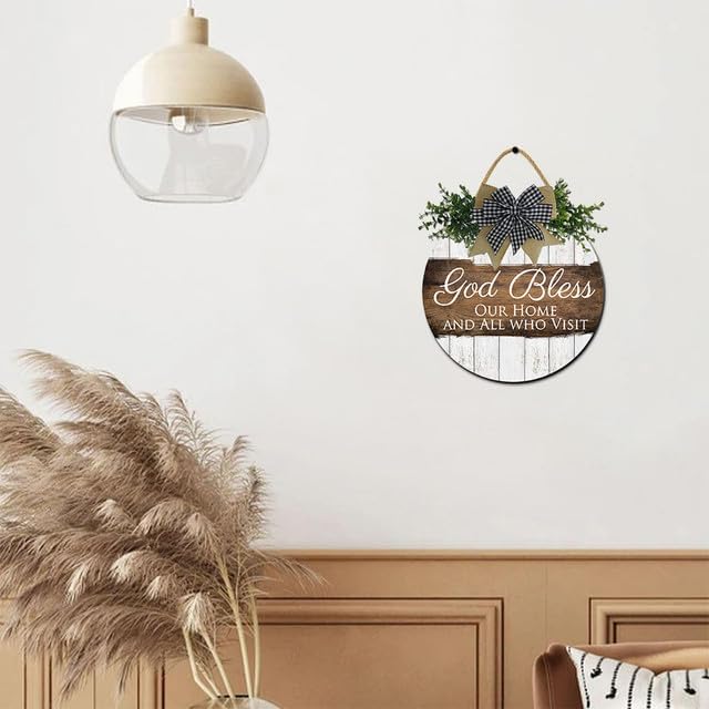 FemiaD God Bless This Home and All Who Enter Sign for Front Door Funny Wreaths Hanging Wooden Plaque Decoration Round Rustic Wood Farmhouse Porch Decor for Home Front Door Decor 11inch