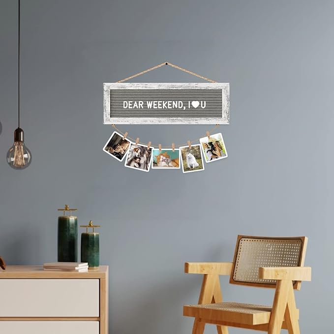 Picture Frames Hanging Display Wooden Board, Felt Letter Board with 340 Letters and 15 Clips, Photo Frames Collage Wall Decor for Family Birthday Mothers Day Party Gifts