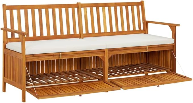 vidaXL Solid Acacia Wood Storage Bench with Cushion- Brown & Cream White, Indoor-Outdoor Versatile Bench with Ample Storage, Comfortable Padded Cushion Included