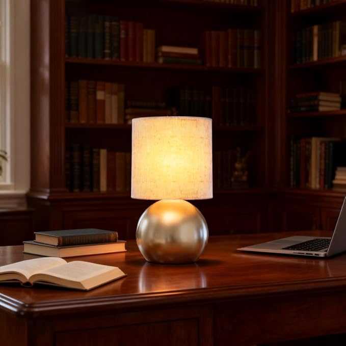 Set of 2 Small Gold Spherical Base Bedside Table Lamp with Textured Linen Shade (Bulb Included)