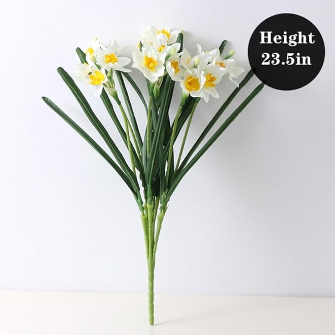 Artificial Flowers for Vases 17.7 Inch 10 Stems， Silk Dried Fake Mums Bouquet Indoor Faux Floral Arrangements for Decoration (White Narcissus)