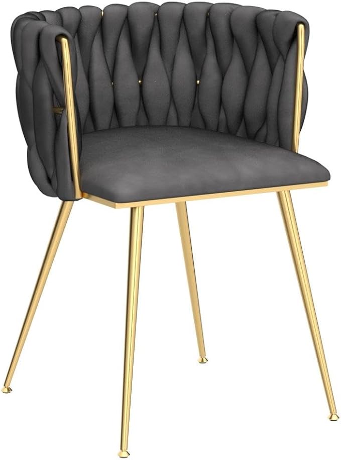 Nrizc Woven Dining Chairs Set of 2, Velvet Upholstered Dining Chairs with Gold Metal Legs, Modern Accent Chairs for Living Room, Dining Room, Kitchen (Grey)
