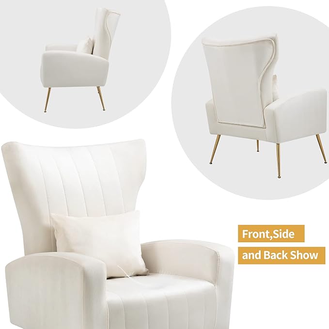 X-VOLSPORT Velvet Accent Chairs Set of 2, Mid Century Modern High Back Living Room Chair with Waist Pillow, Upholstered Arm Chair with Metal Gold Legs for Bedroom, Club, White