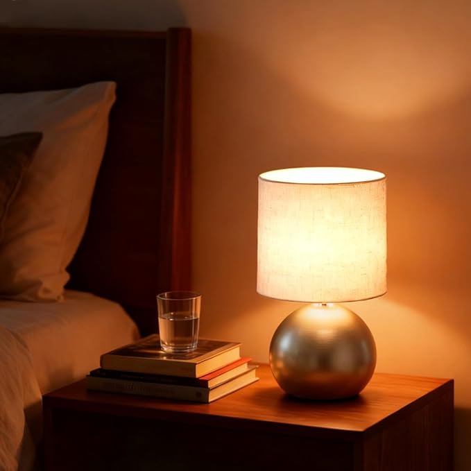 Set of 2 Small Gold Spherical Base Bedside Table Lamp with Textured Linen Shade (Bulb Included)