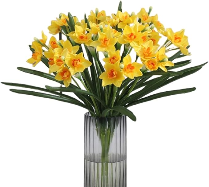 Artificial Flowers for Vases 17.7 Inch 10 Stems， Silk Dried Fake Mums Bouquet Indoor Faux Floral Arrangements for Decoration (Yellow Narcissus)