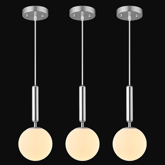 Modern Hanging Light Fixture Pendant Lighting for Kitchen Island Mid Century Chrome Pendant Lights with Globe Milky White Glass Pendant Light for Bedroom Bathroom Entryway (3 Pack)