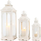 TRIROCKS Set of 3 Vintage Candle Lanterns 10/14/19.5'' High Decorative Outdoor Lantern Metal Candle Holder with Tempered Glass for Home Living Room Garden Yard Parties Events Indoors Outdoors (White)