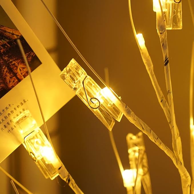 Money Tree Gift Card Holder - DIY Birch Tree Lamp with 12 Clips and 24 Twig LEDs, Display Money Cash Photo for Birthday Christmas Home Party Festival Wedding