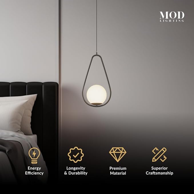 𝗠𝗢𝗗 𝗟𝗜𝗚𝗛𝗧𝗜𝗡𝗚 Jewels & Pearls | Modern Black Pendant Light Fixture, Hanging Globe Pendant Light for Kitchen Island Lighting, Dimmable LED Bulb Included, 1 Pack (Black | Warm White | Droplet)