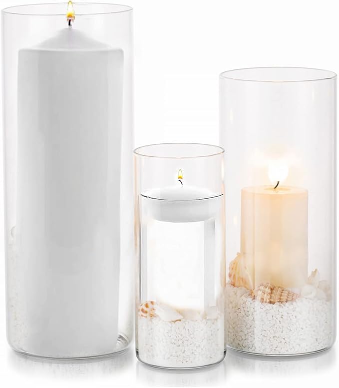 Glass Hurricane Candle Holder Esmiome - Cylinder Vases for Centerpieces 3Pcs/Set Hurricane Floating Candle Holder, Glass Vases for Flowers, Decorative for Home Wedding, 6'' + 8'' +10''(High)