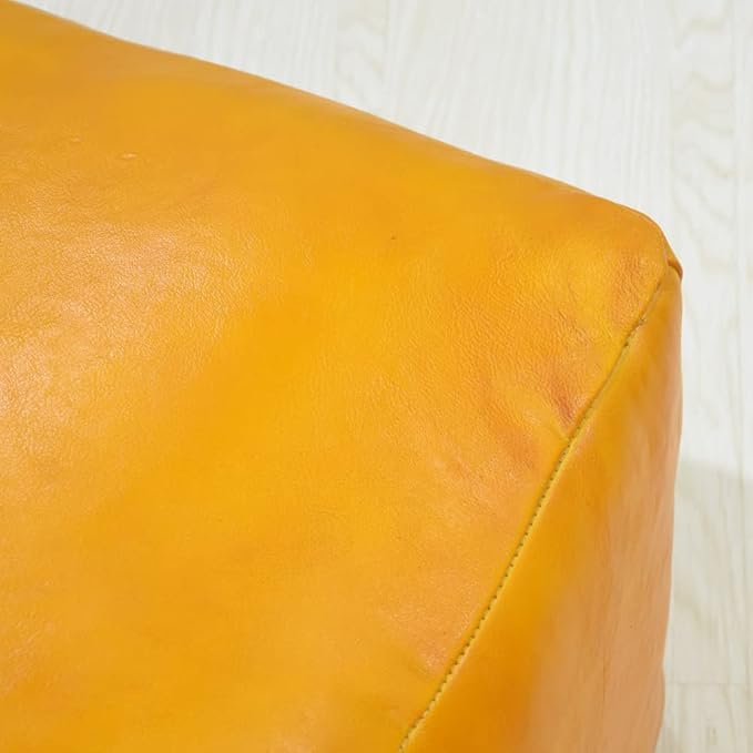 PF12 Square Goat Leather Handmade Eco-Friendly Mustard Pouf - 21" x 21" x 12", Plain Solid, Recycled Foam with Fibre Fill Stuffed