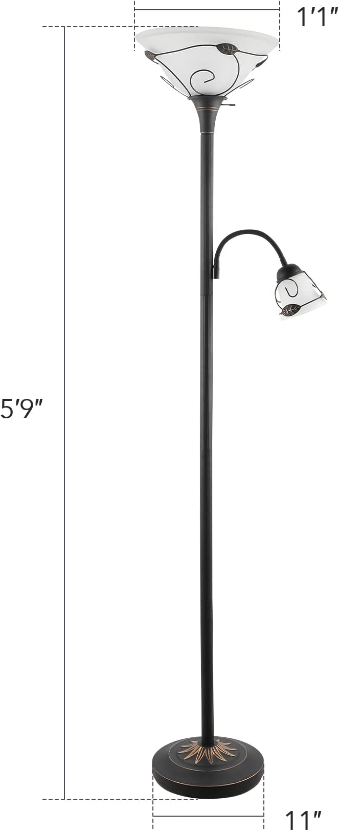 VONLUCE Torchiere Floor Lamp with Side Reading Light, 3-Way Switch Combo Antique Bronze Mother Daughter Floor Lamp with Glass Shade, 71" Desk Floor Lamp for Living Room Corner Bedroom Home Office