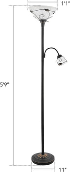 VONLUCE Torchiere Floor Lamp with Side Reading Light, 3-Way Switch Combo Antique Bronze Mother Daughter Floor Lamp with Glass Shade, 71" Desk Floor Lamp for Living Room Corner Bedroom Home Office