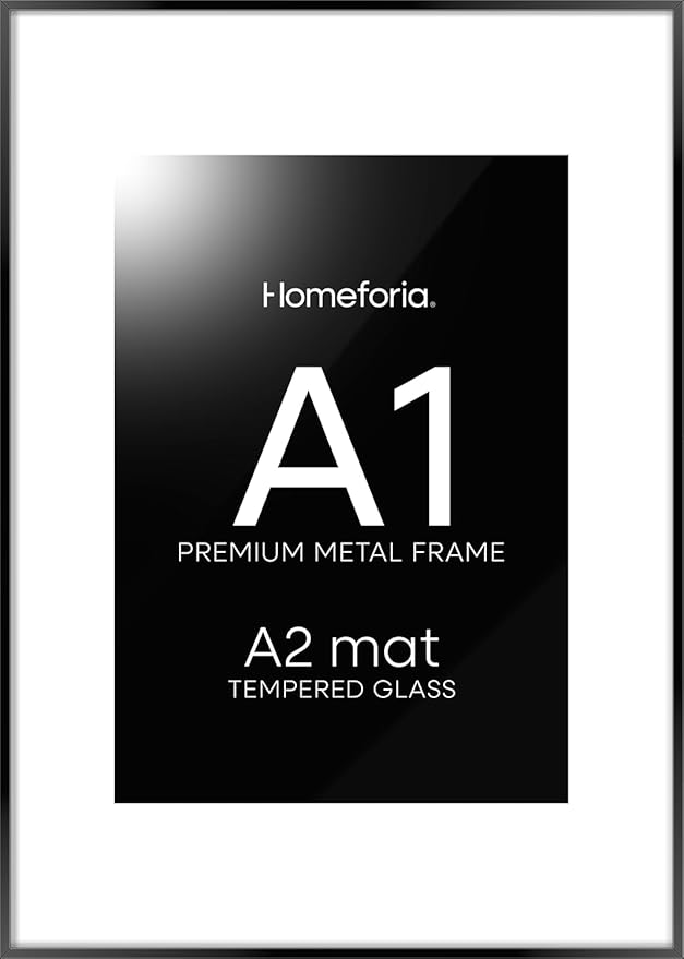 Homeforia A1 Poster Frame Black, High End Metal 23.4 x 33.1 inch Large Picture Frames with Mat 16.5 by 23.4 for Photo, A1 Size Frames Matted to A2 Print, 23.4x33.1 Thin Frame, Tempered Glass, Set of 1