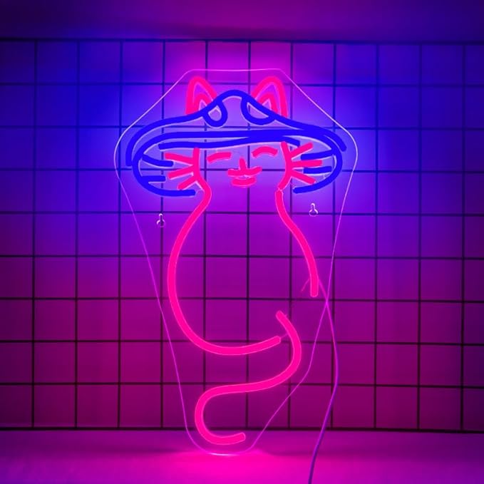 WLHOPE Mushroom Cat Neon Sign for Wall Decor Dimmable Cute LED Lights Light Up Signs for Bedroom Living Room Bar Party Christmas Birthday Art Gift