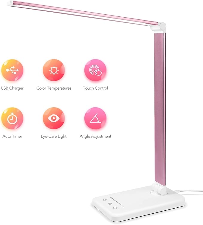 Led Desk Lamp, Desk Lamp with USB Charging Port, 5 Color Modes, 10 Brightness, Natural Light, Eye Caring Reading Lamp, Desk Light for Home Office, Table Lamp, Touch Control, Auto-Timer, Pink