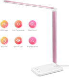 Led Desk Lamp, Desk Lamp with USB Charging Port, 5 Color Modes, 10 Brightness, Natural Light, Eye Caring Reading Lamp, Desk Light for Home Office, Table Lamp, Touch Control, Auto-Timer, Pink