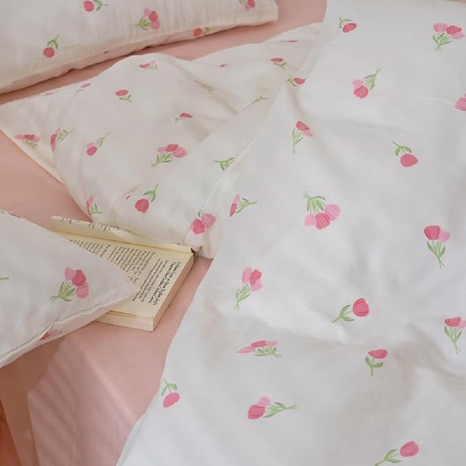 Floral Comforter Set King Size - 3 Pieces Pink White Floral Comforter Bedding Sets Tulips Pattern,King Bed in a Bag with Heart Comforter and 2 Pillowcases
