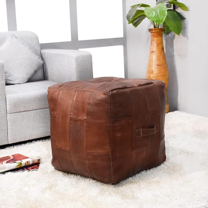 Square Shaped Buffalo Leather Handmade Eco-Friendly Brown Pouf - Square Pouf, 18"x18"x18", Plain Solid Pouf, Buffalo Leather Pouf, Recycled foam with fibre Filled Stuffed Pouf, Seating Pouf PF25