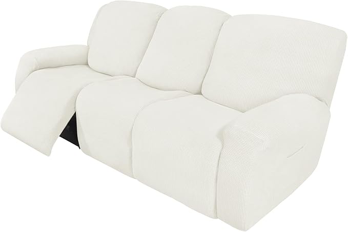 Easy-Going 8 Pieces Recliner Sofa Stretch Sofa Slipcover Sofa Cover Furniture Protector Couch Soft with Elastic Bottom Kids, Spandex Jacquard Fabric Small Checks Cream
