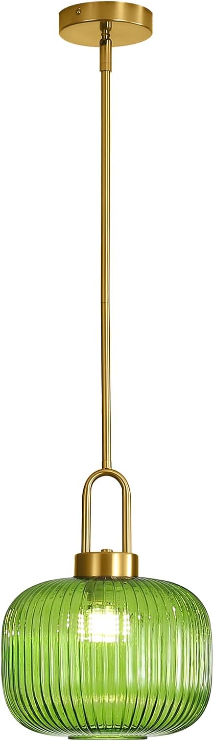 Modern Green Glass Pendant Light Fixtures, Mid Century Pendant Lights for Kitchen Island, 9.8" Gold Adjustable Height Ceiling Hanging Light Fixtures for Dining Room Entryway Bedroom Foyer Hallway
