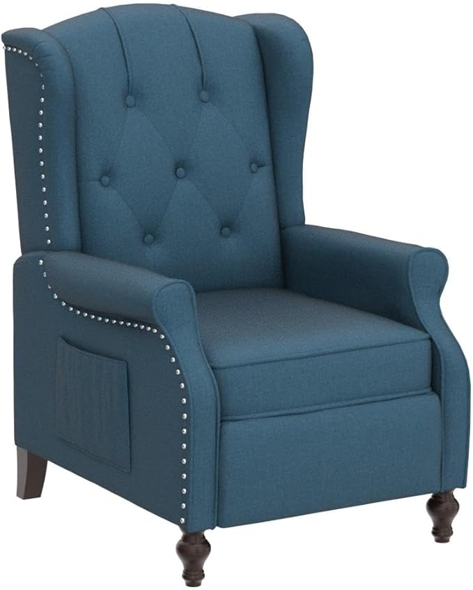 Wingback Recliner Chair with Massage and Heat, Tufted Fabric Push Back Recliner Chair for Living Room, Vintage Wingback Chair with Remote Control, Padded Cushion, Backrest, Wooden Legs