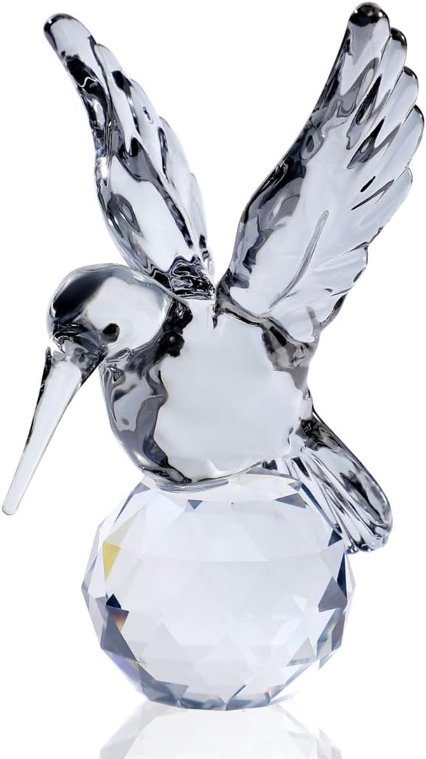 Crystal Glass Hummingbird Figurine Grey Tiny Bird Statue Hand Blown Glass Animal Sculpture Collectible Paperweight Gift for Women